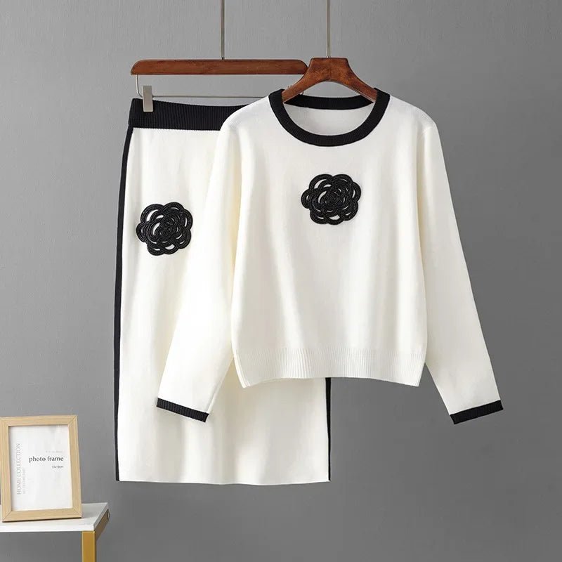 Two - Piece Knit Set + Embroidered O - Neck Knit Top With High - Waist Skirt + Casual Everyday Style - SN Wigs & More