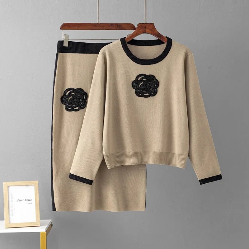 Two - Piece Knit Set + Embroidered O - Neck Knit Top With High - Waist Skirt + Casual Everyday Style - SN Wigs & More