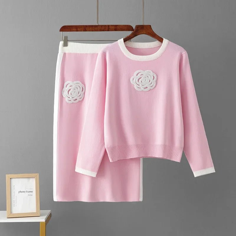 Two - Piece Knit Set + Embroidered O - Neck Knit Top With High - Waist Skirt + Casual Everyday Style - SN Wigs & More