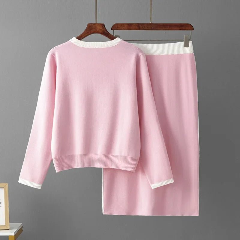 Two - Piece Knit Set + Embroidered O - Neck Knit Top With High - Waist Skirt + Casual Everyday Style - SN Wigs & More