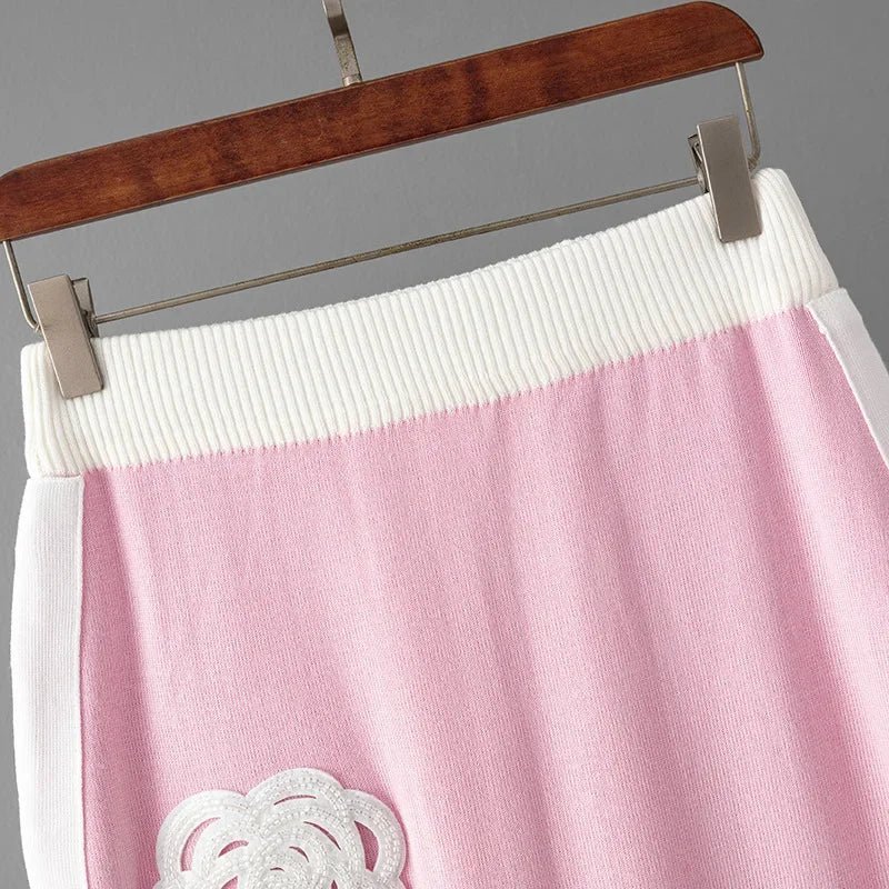 Two - Piece Knit Set + Embroidered O - Neck Knit Top With High - Waist Skirt + Casual Everyday Style - SN Wigs & More