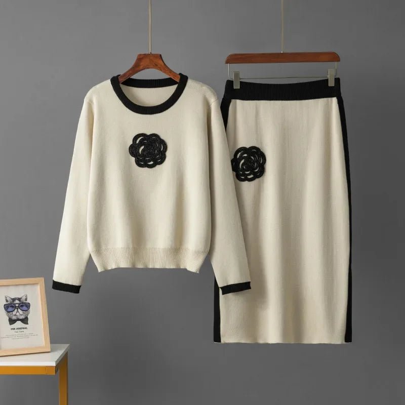 Two - Piece Knit Set + Embroidered O - Neck Knit Top With High - Waist Skirt + Casual Everyday Style - SN Wigs & More