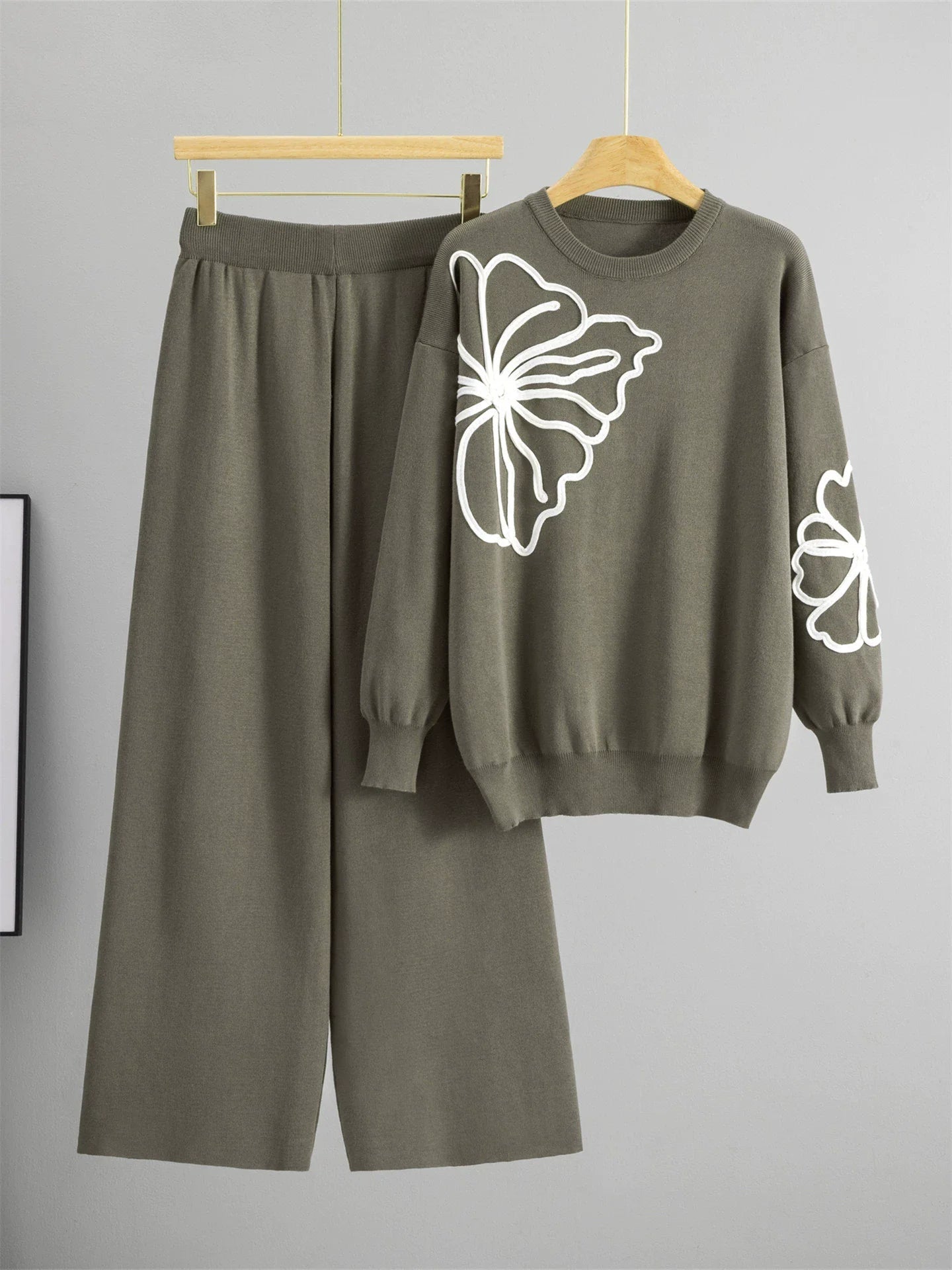 Two - Piece Knit Set O - Neck Long - Sleeve Top And High - Waist Straight Pants Elegant Style - SN Wigs & More