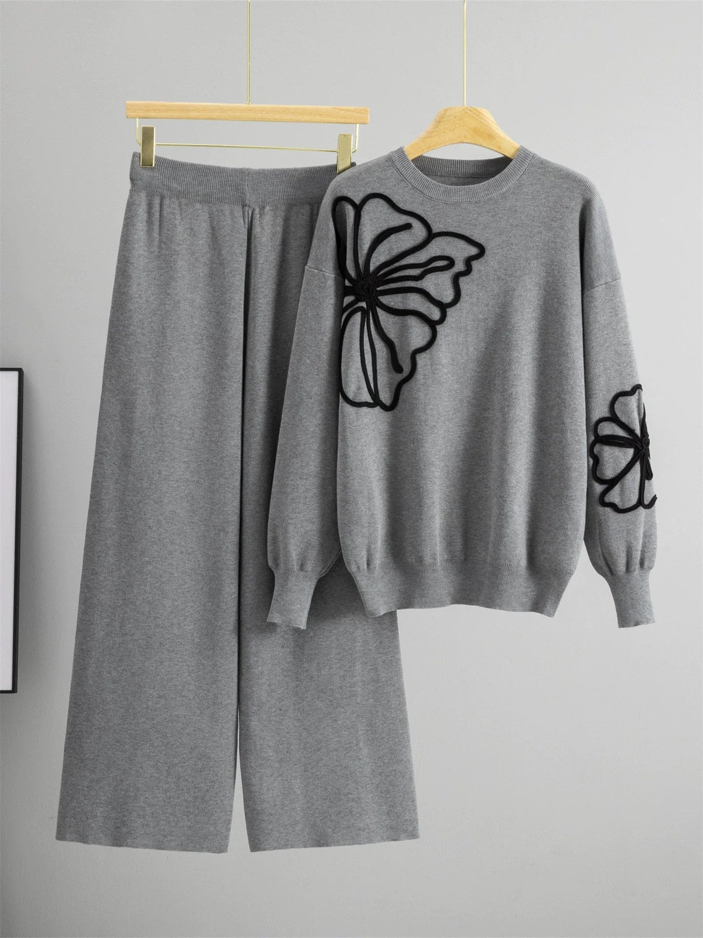 Two - Piece Knit Set O - Neck Long - Sleeve Top And High - Waist Straight Pants Elegant Style - SN Wigs & More