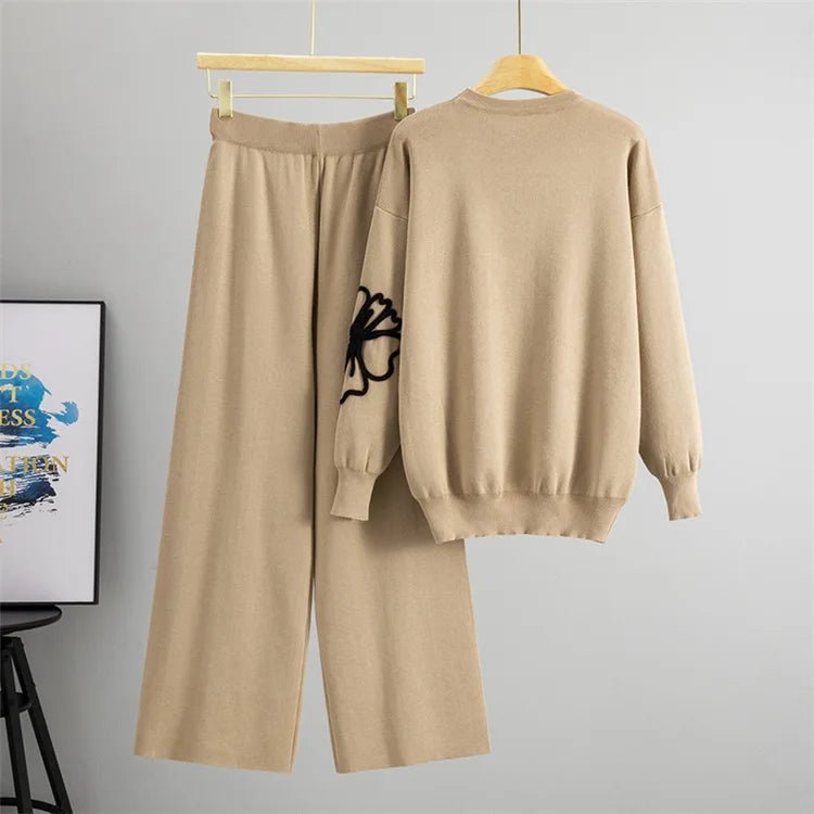 Two - Piece Knit Set O - Neck Long - Sleeve Top And High - Waist Straight Pants Elegant Style - SN Wigs & More