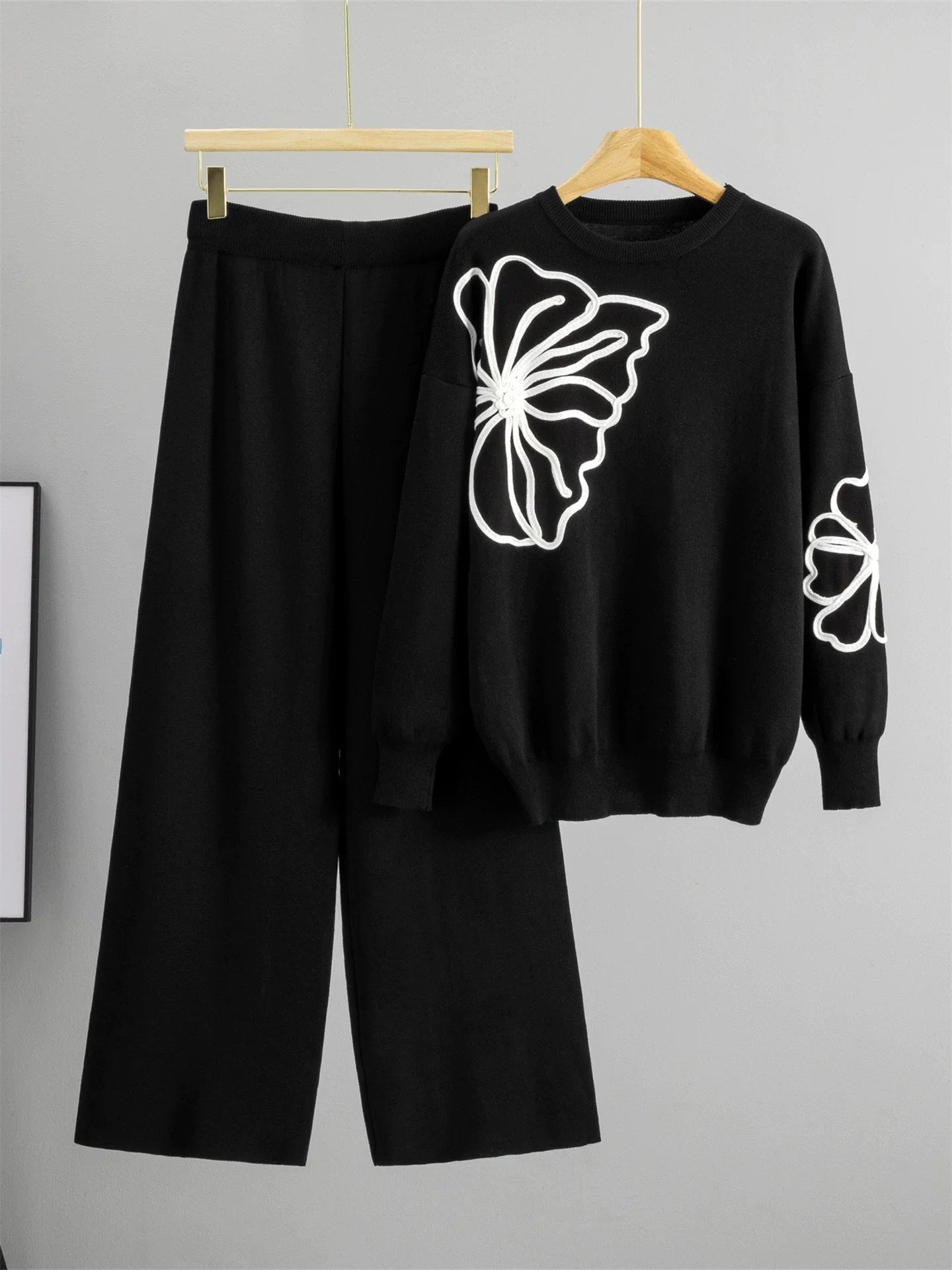 Two - Piece Knit Set O - Neck Long - Sleeve Top And High - Waist Straight Pants Elegant Style - SN Wigs & More