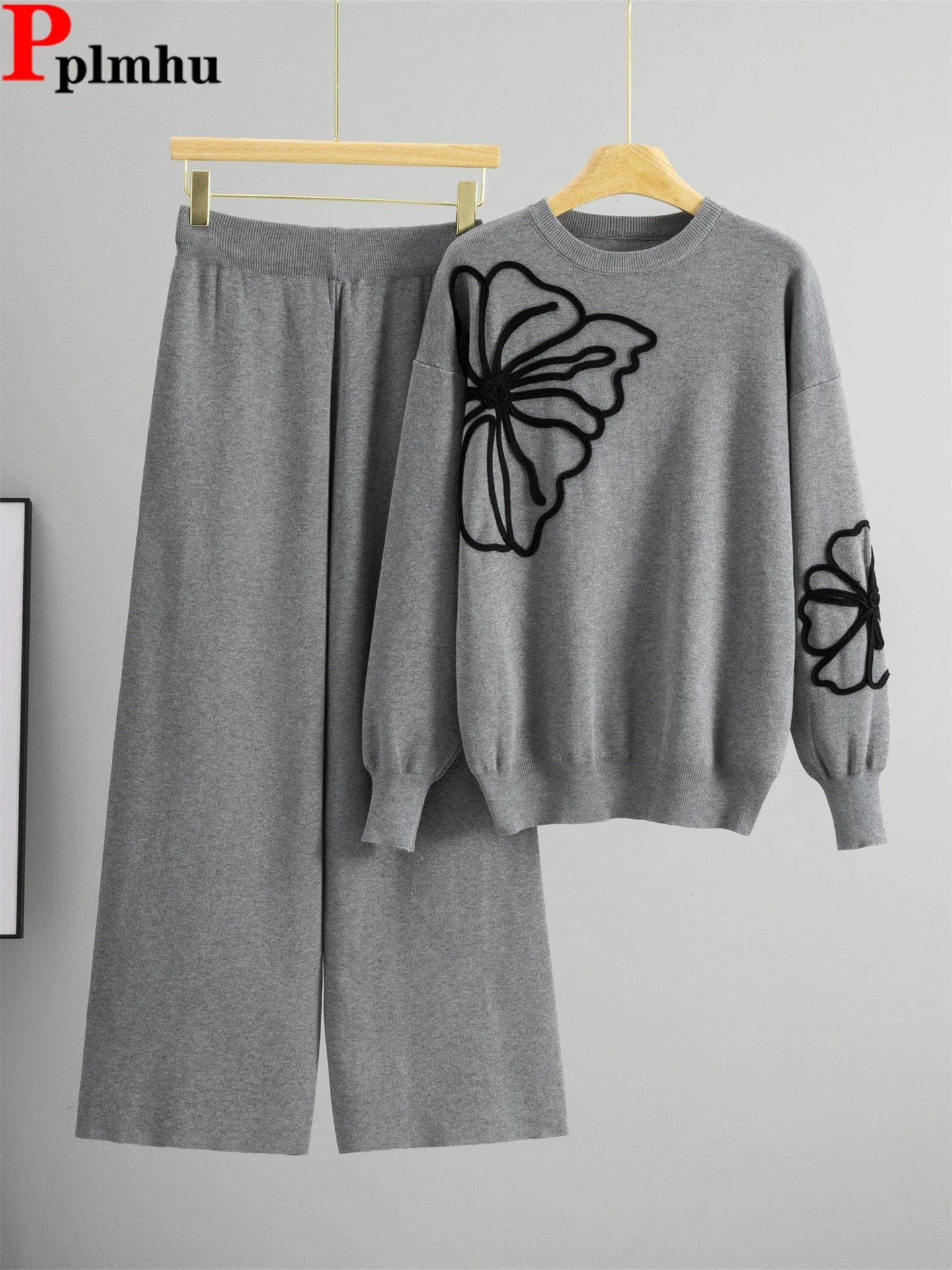 Two - Piece Knit Set O - Neck Long - Sleeve Top And High - Waist Straight Pants Elegant Style - SN Wigs & More