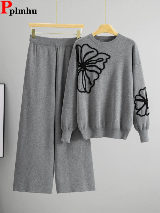 Two - Piece Knit Set O - Neck Long - Sleeve Top And High - Waist Straight Pants Elegant Style - SN Wigs & More