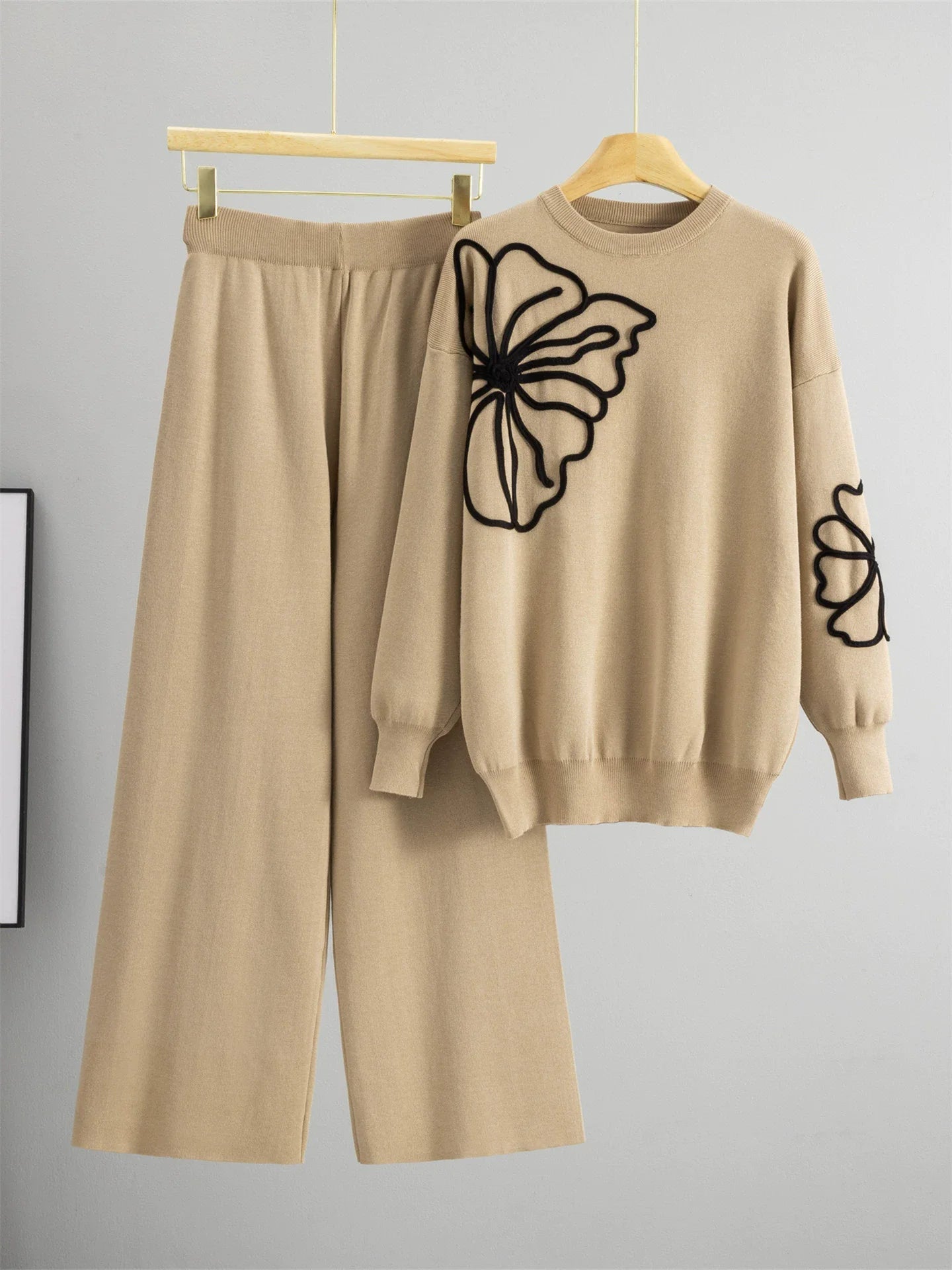 Two - Piece Knit Set O - Neck Long - Sleeve Top And High - Waist Straight Pants Elegant Style - SN Wigs & More