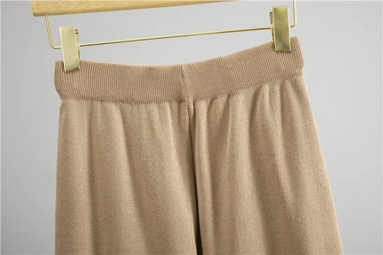 Two - Piece Knit Set O - Neck Long - Sleeve Top And High - Waist Straight Pants Elegant Style - SN Wigs & More