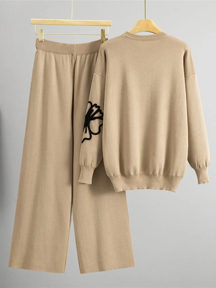 Two - Piece Knit Set O - Neck Long - Sleeve Top And High - Waist Straight Pants Elegant Style - SN Wigs & More