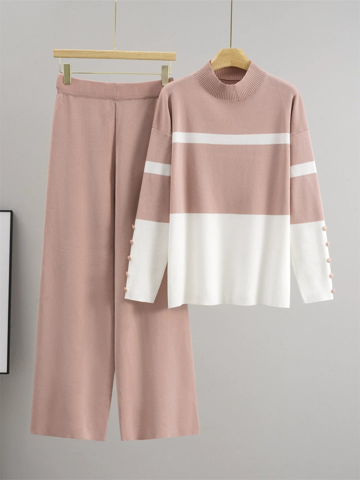 Two - Piece Knit Set With Loose O - Neck Striped Top And High - Waist Straight Pants - Chic Style - SN Wigs & More