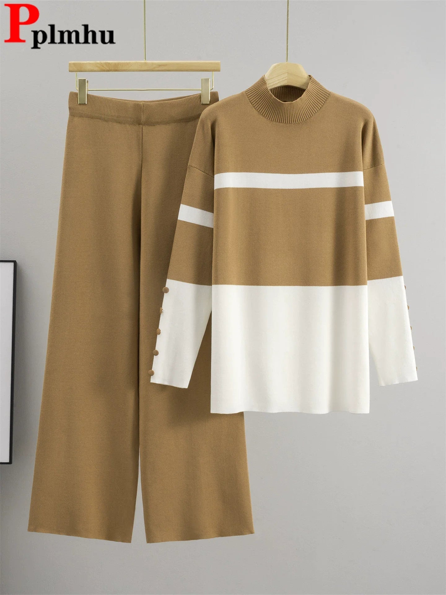 Two - Piece Knit Set With Loose O - Neck Striped Top And High - Waist Straight Pants - Chic Style - SN Wigs & More