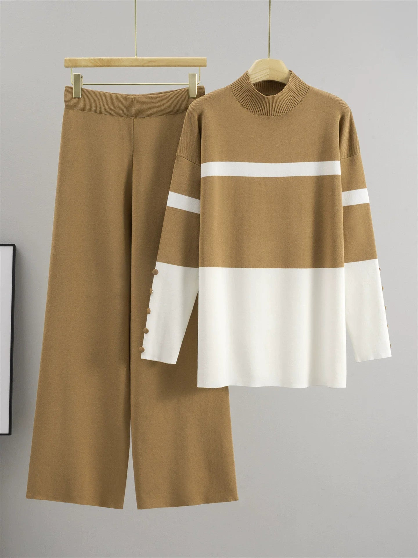 Two - Piece Knit Set With Loose O - Neck Striped Top And High - Waist Straight Pants - Chic Style - SN Wigs & More