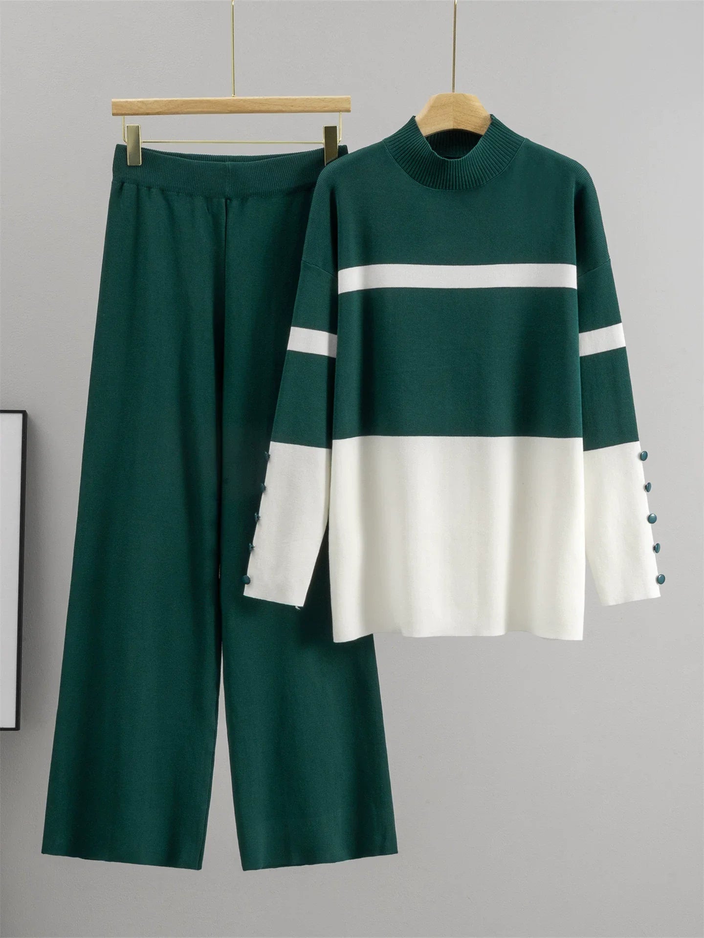 Two - Piece Knit Set With Loose O - Neck Striped Top And High - Waist Straight Pants - Chic Style - SN Wigs & More