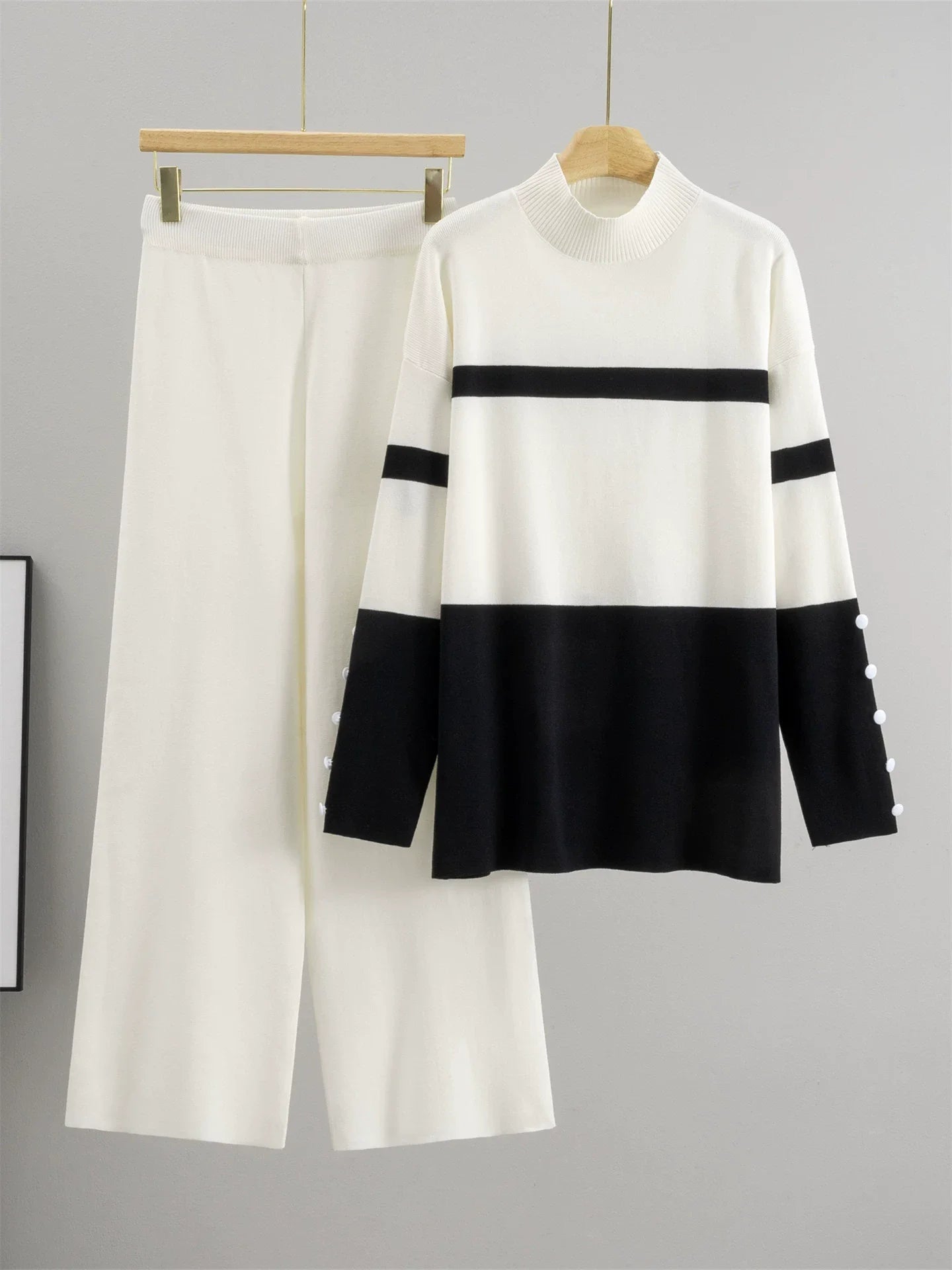 Two - Piece Knit Set With Loose O - Neck Striped Top And High - Waist Straight Pants - Chic Style - SN Wigs & More