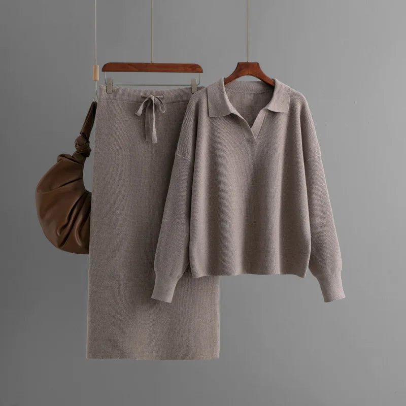 Two Piece Knit Set With Polo Neck Pullover And High Waist Skirt Fall Winter Style - SN Wigs & More
