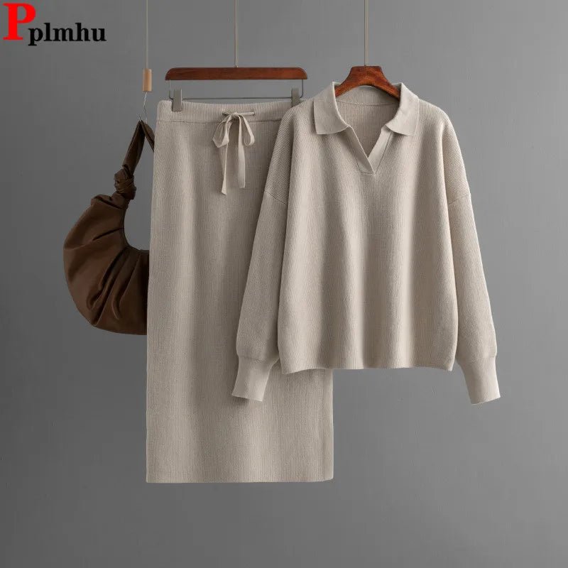 Two Piece Knit Set With Polo Neck Pullover And High Waist Skirt Fall Winter Style - SN Wigs & More