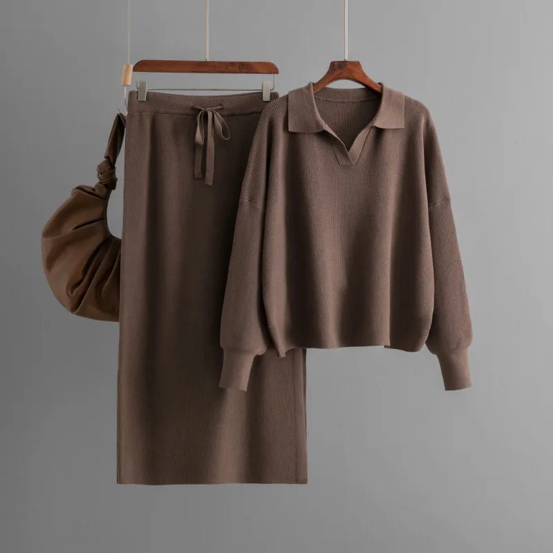 Two Piece Knit Set With Polo Neck Pullover And High Waist Skirt Fall Winter Style - SN Wigs & More