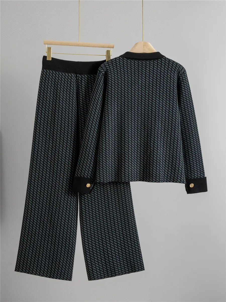 Two - Piece Knit Set With Polo - Neck Top And Cardigan And Wide - Leg Pants - Elegant Style - SN Wigs & More