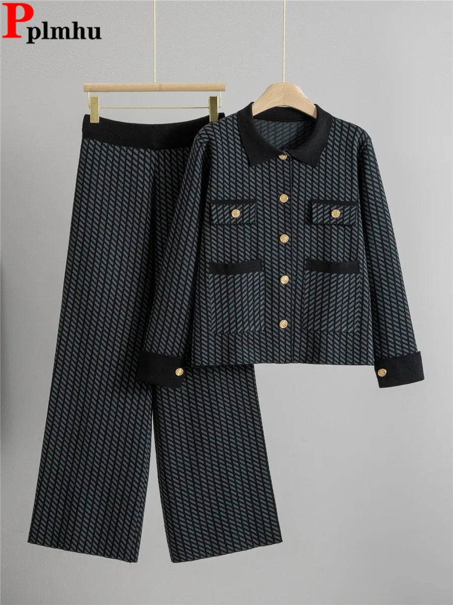 Two - Piece Knit Set With Polo - Neck Top And Cardigan And Wide - Leg Pants - Elegant Style - SN Wigs & More
