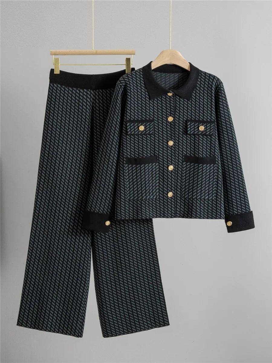 Two - Piece Knit Set With Polo - Neck Top And Cardigan And Wide - Leg Pants - Elegant Style - SN Wigs & More