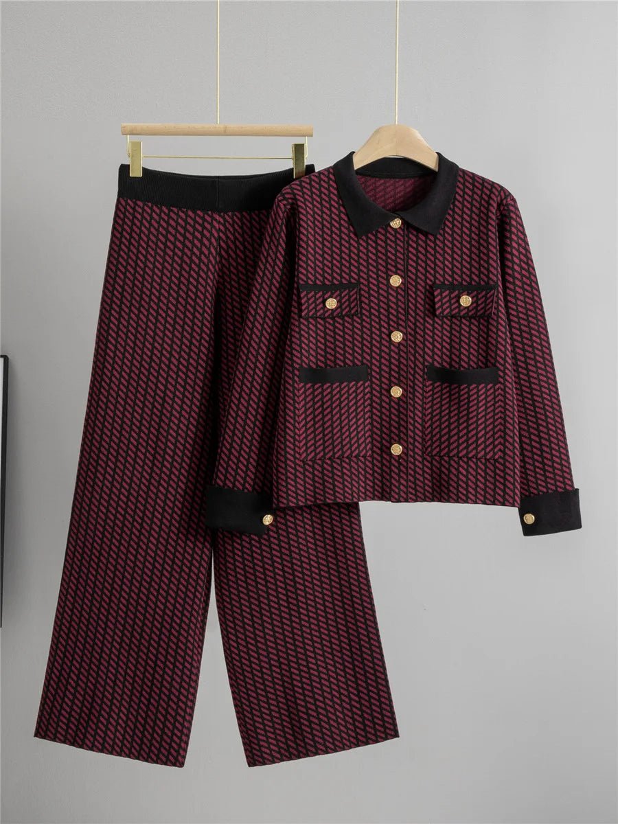 Two - Piece Knit Set With Polo - Neck Top And Cardigan And Wide - Leg Pants - Elegant Style - SN Wigs & More