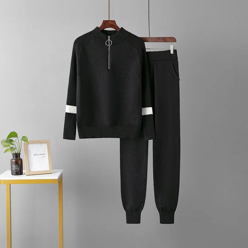 Two Piece Knit Set + Zippered O Neck Knit Top And High Waist Sweatpants + Casual Style - SN Wigs & More