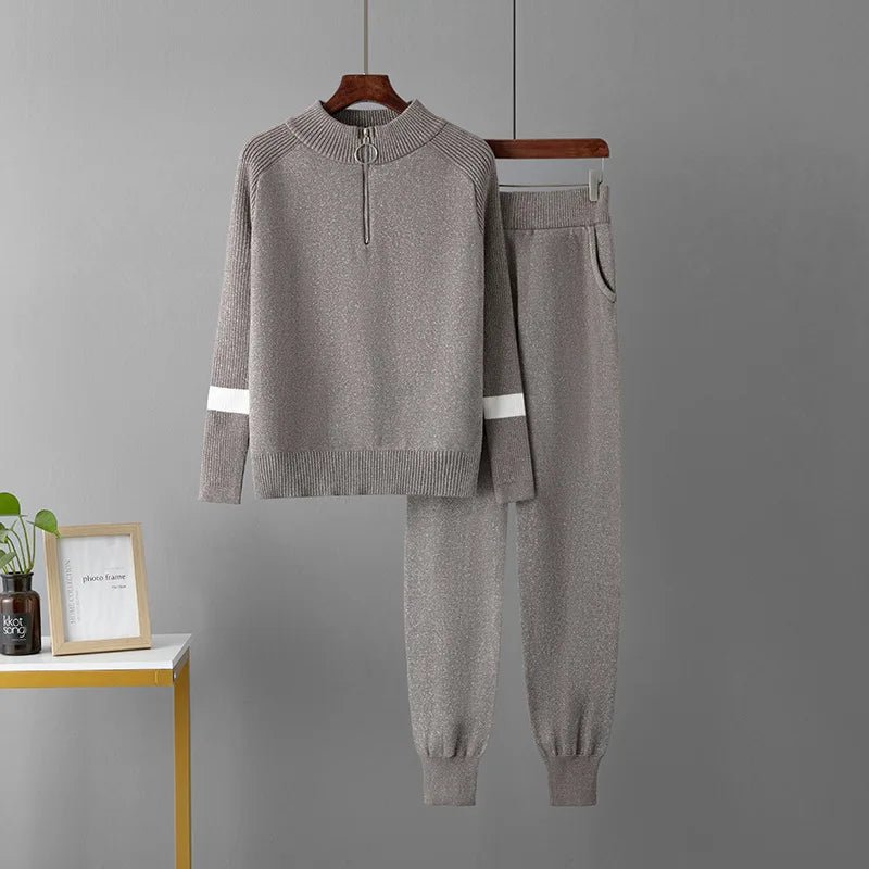 Two Piece Knit Set + Zippered O Neck Knit Top And High Waist Sweatpants + Casual Style - SN Wigs & More