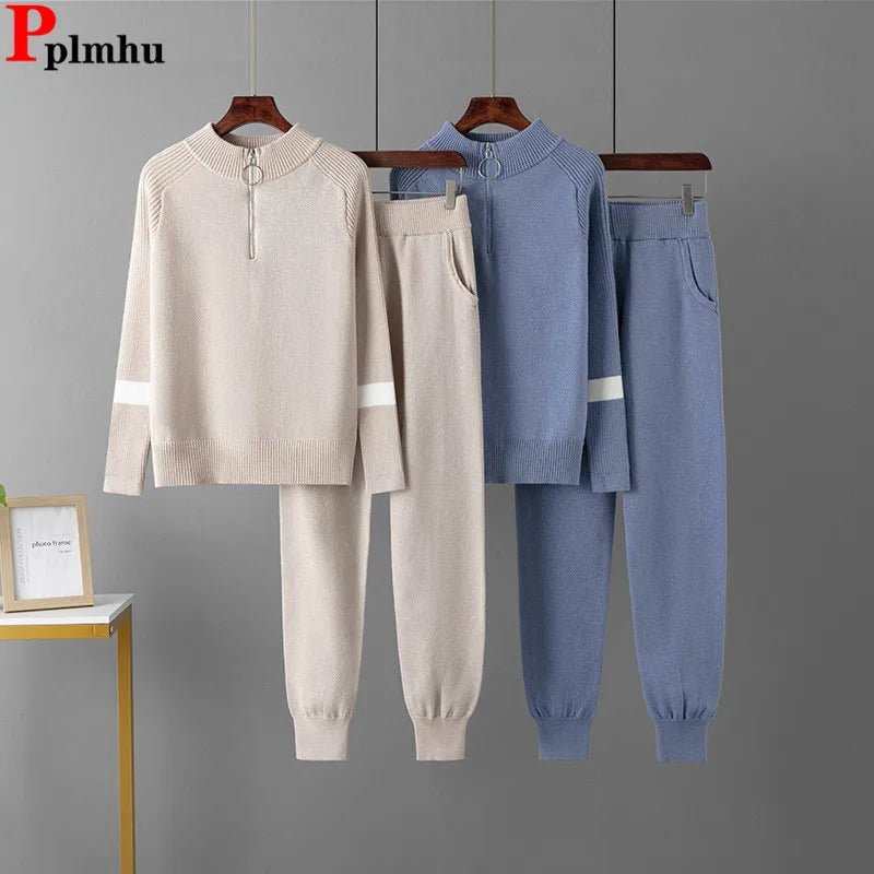 Two Piece Knit Set + Zippered O Neck Knit Top And High Waist Sweatpants + Casual Style - SN Wigs & More
