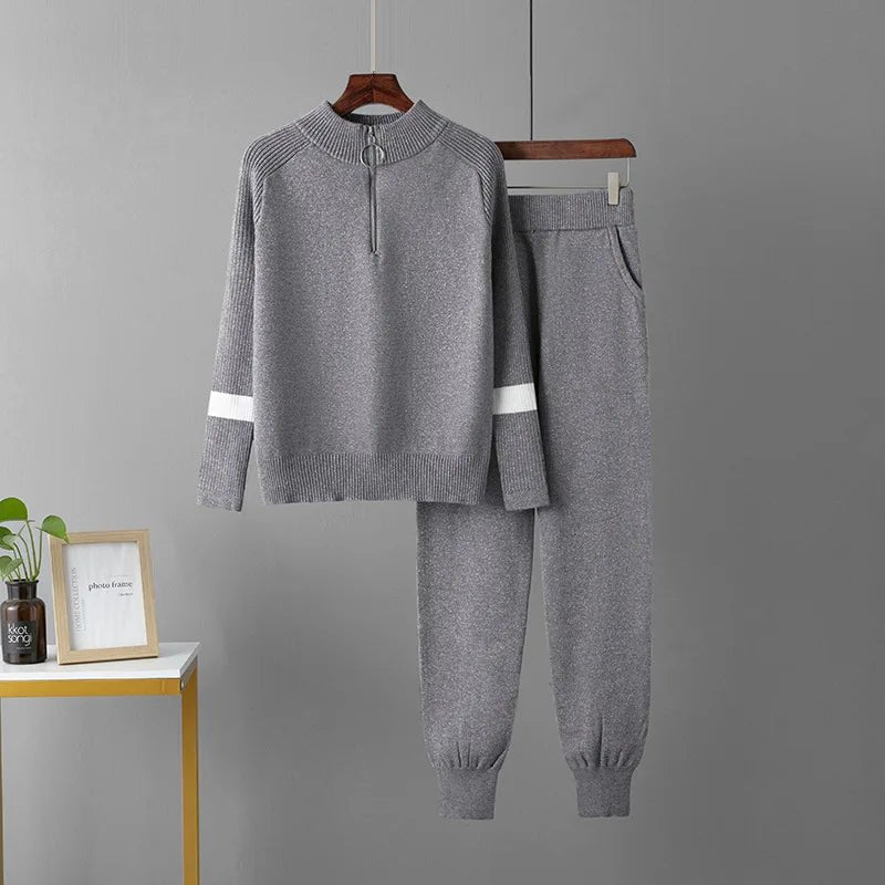 Two Piece Knit Set + Zippered O Neck Knit Top And High Waist Sweatpants + Casual Style - SN Wigs & More