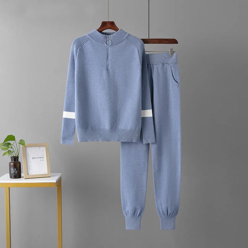 Two Piece Knit Set + Zippered O Neck Knit Top And High Waist Sweatpants + Casual Style - SN Wigs & More