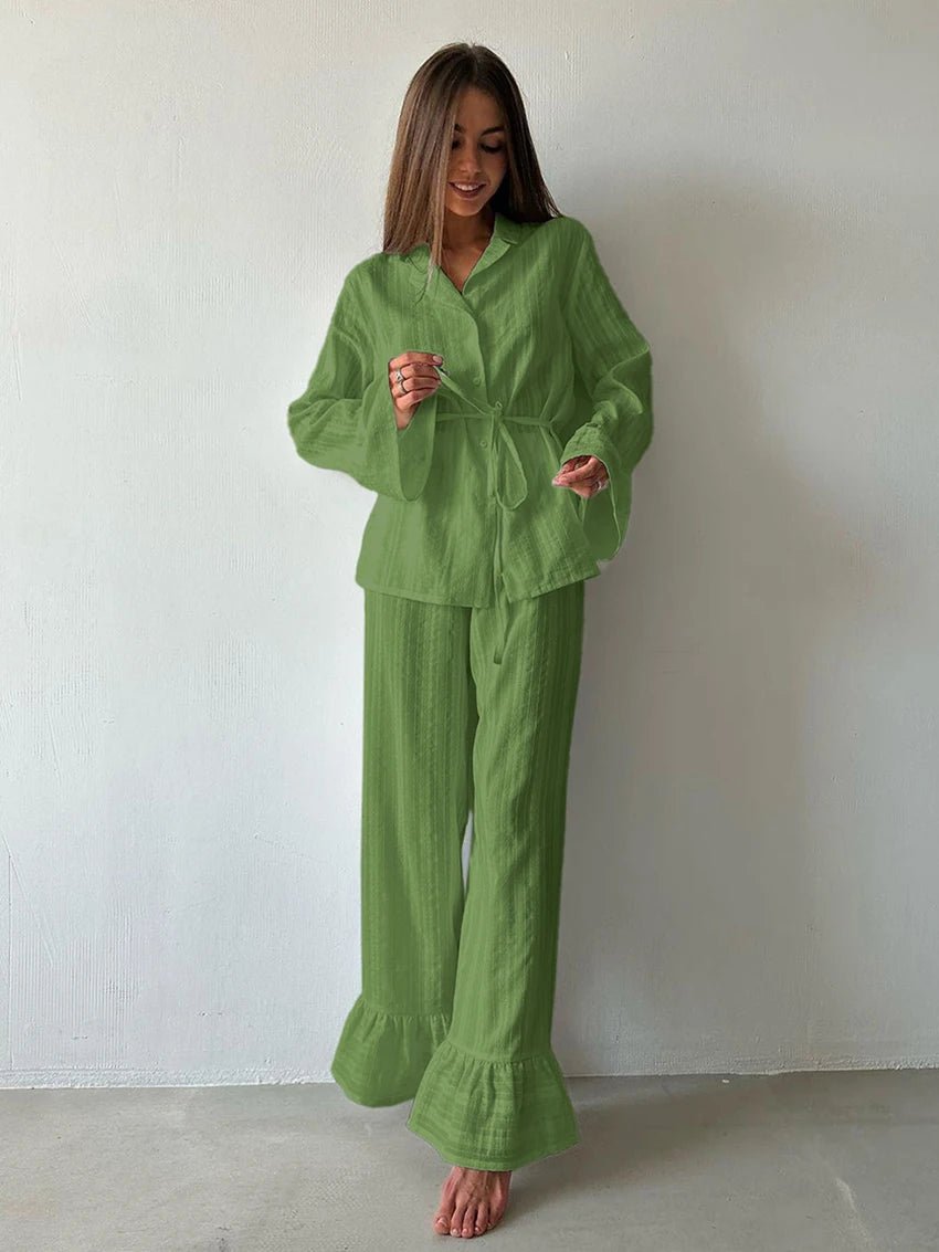 Two - Piece Nightwear Set - Turn - Down Collar And 100% Cotton Long - Sleeve Top - Cozy Casual Homewear - SN Wigs & More