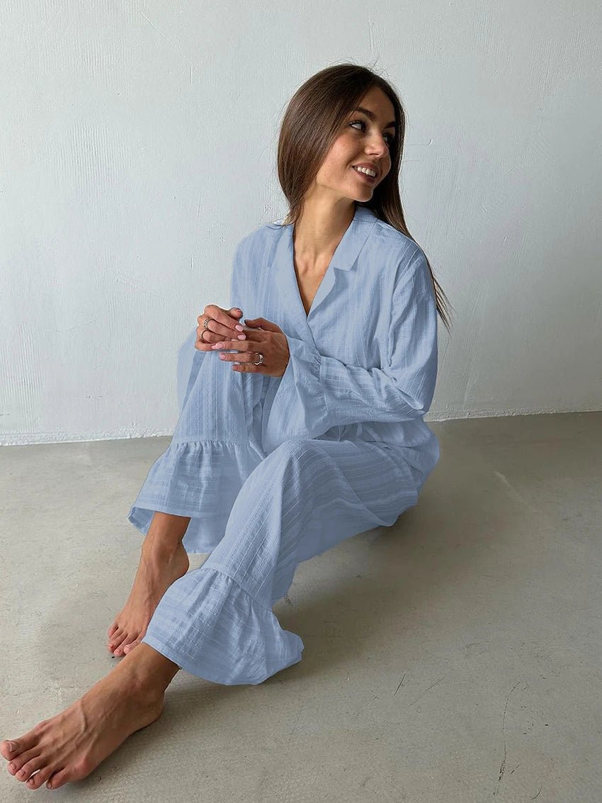 Two - Piece Nightwear Set - Turn - Down Collar And 100% Cotton Long - Sleeve Top - Cozy Casual Homewear - SN Wigs & More