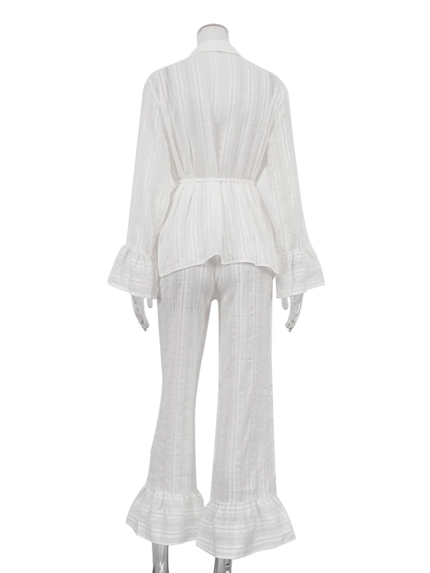 Two - Piece Nightwear Set - Turn - Down Collar And 100% Cotton Long - Sleeve Top - Cozy Casual Homewear - SN Wigs & More