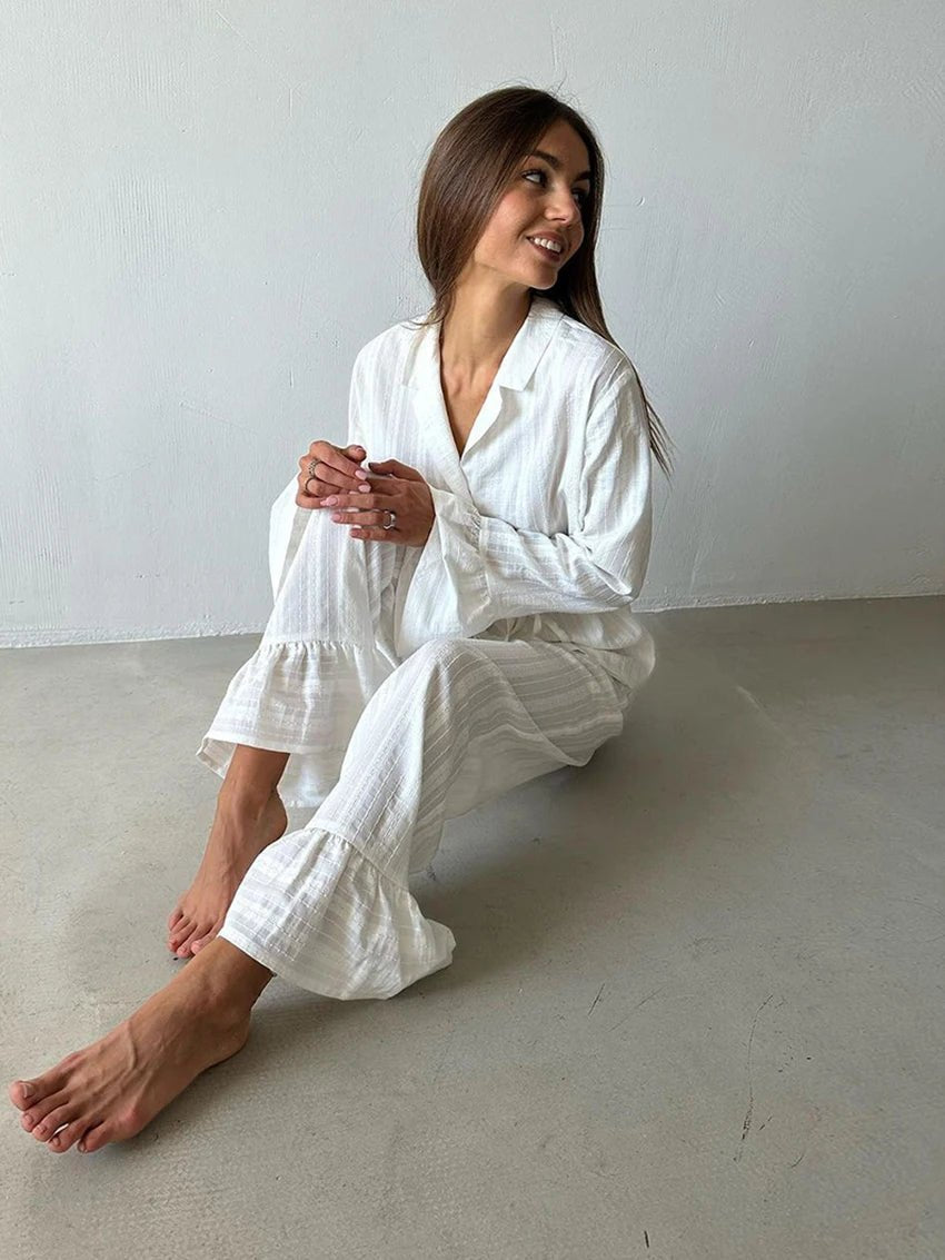 Two - Piece Nightwear Set - Turn - Down Collar And 100% Cotton Long - Sleeve Top - Cozy Casual Homewear - SN Wigs & More