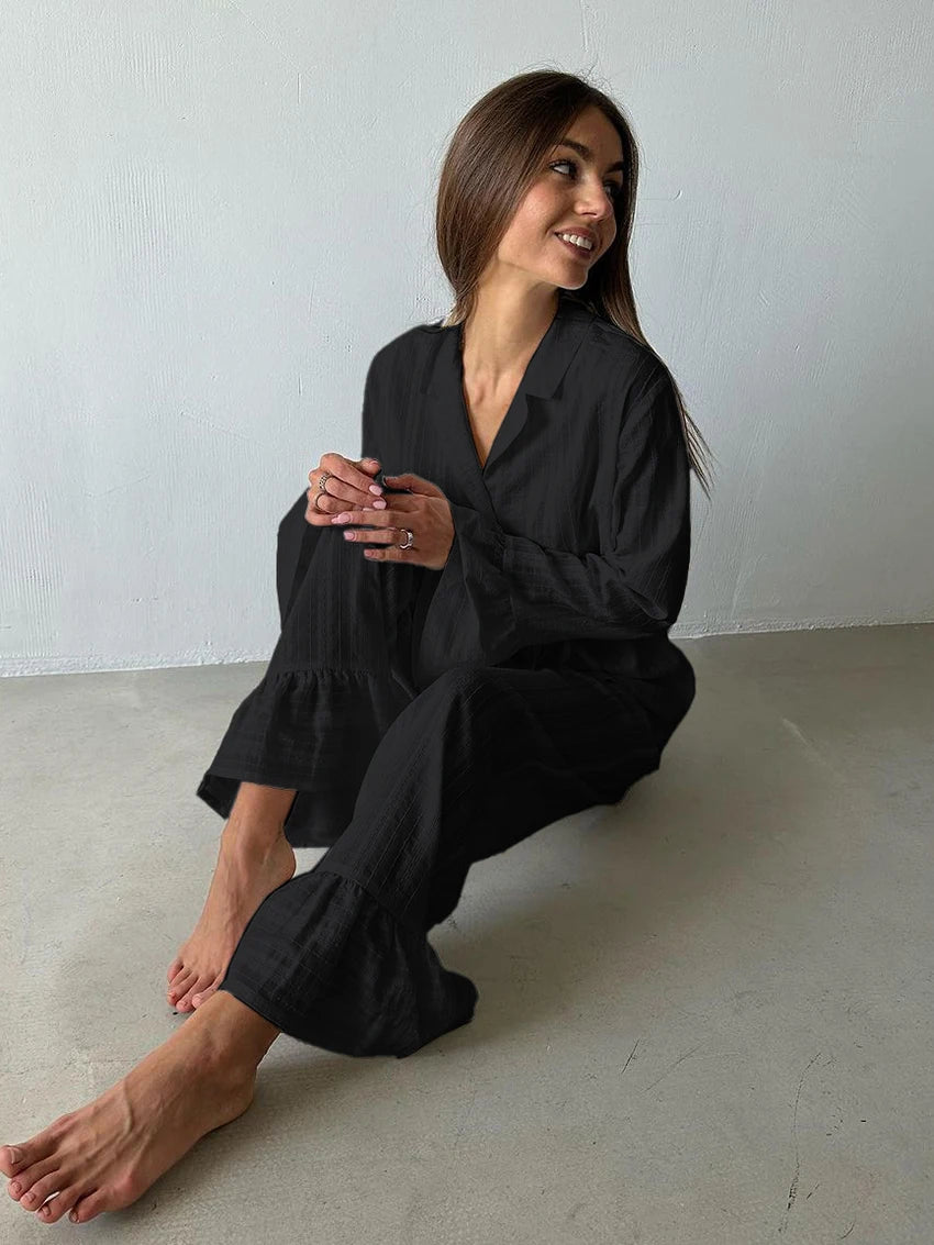 Two - Piece Nightwear Set - Turn - Down Collar And 100% Cotton Long - Sleeve Top - Cozy Casual Homewear - SN Wigs & More