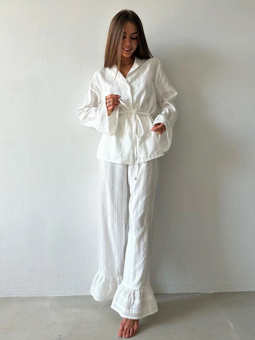 Two - Piece Nightwear Set - Turn - Down Collar And 100% Cotton Long - Sleeve Top - Cozy Casual Homewear - SN Wigs & More