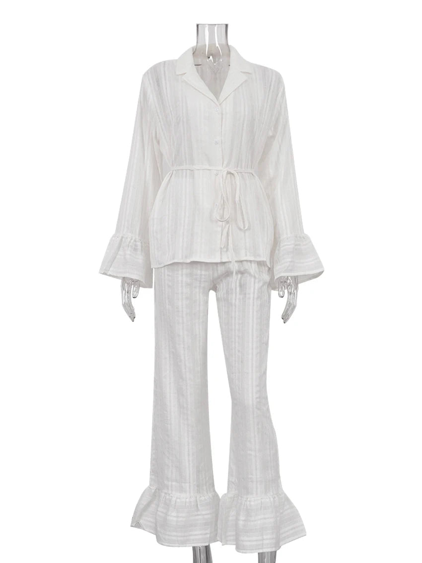 Two - Piece Nightwear Set - Turn - Down Collar And 100% Cotton Long - Sleeve Top - Cozy Casual Homewear - SN Wigs & More