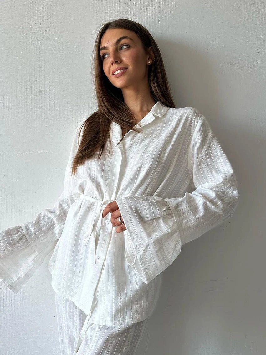 Two - Piece Nightwear Set - Turn - Down Collar And 100% Cotton Long - Sleeve Top - Cozy Casual Homewear - SN Wigs & More