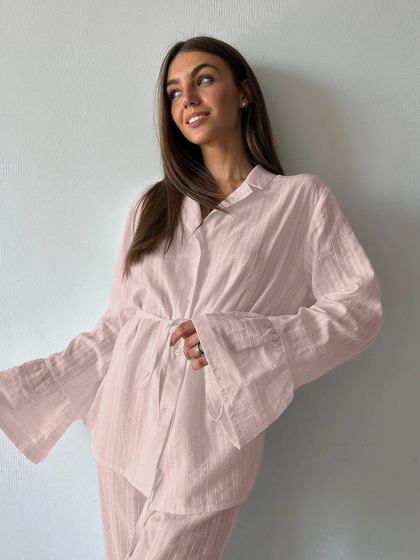 Two - Piece Nightwear Set - Turn - Down Collar And 100% Cotton Long - Sleeve Top - Cozy Casual Homewear - SN Wigs & More