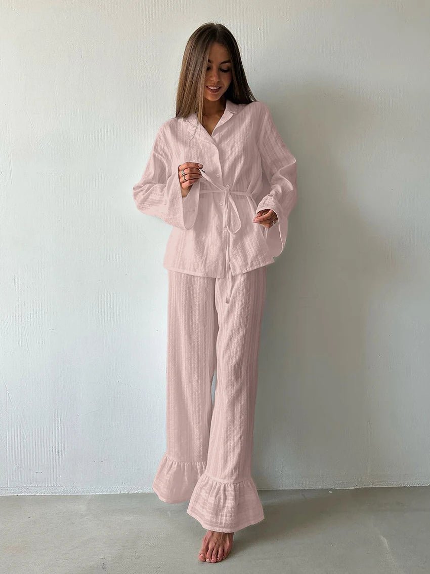 Two - Piece Nightwear Set - Turn - Down Collar And 100% Cotton Long - Sleeve Top - Cozy Casual Homewear - SN Wigs & More