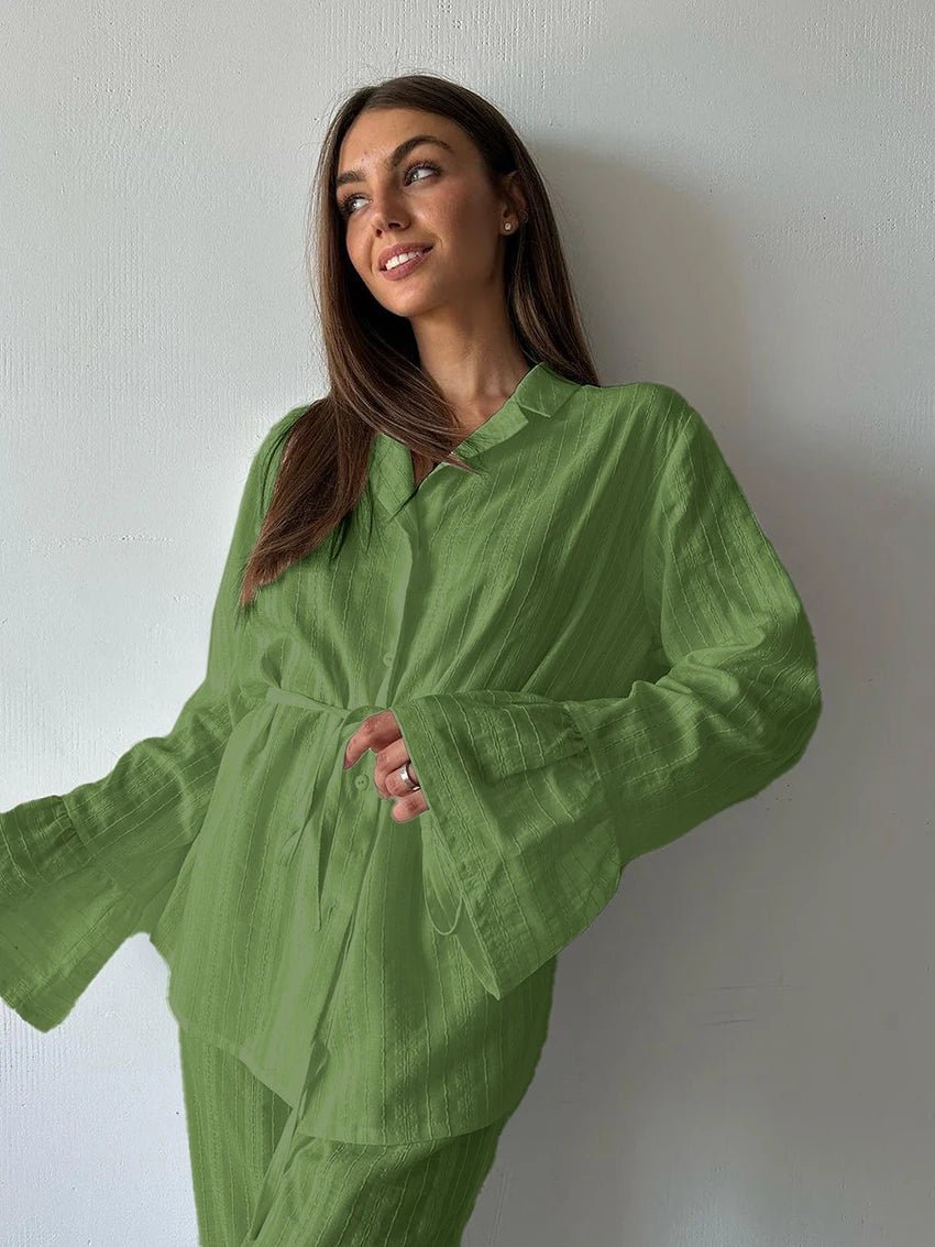 Two - Piece Nightwear Set - Turn - Down Collar And 100% Cotton Long - Sleeve Top - Cozy Casual Homewear - SN Wigs & More