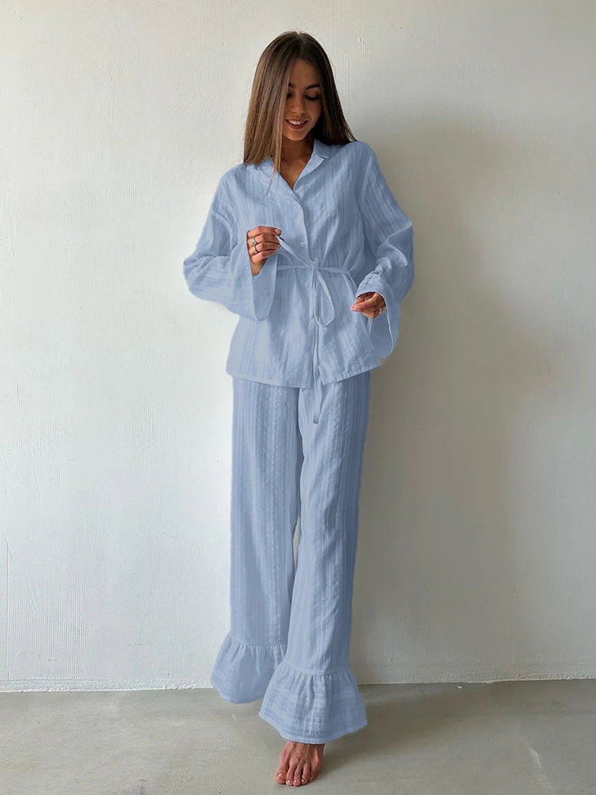 Two - Piece Nightwear Set - Turn - Down Collar And 100% Cotton Long - Sleeve Top - Cozy Casual Homewear - SN Wigs & More