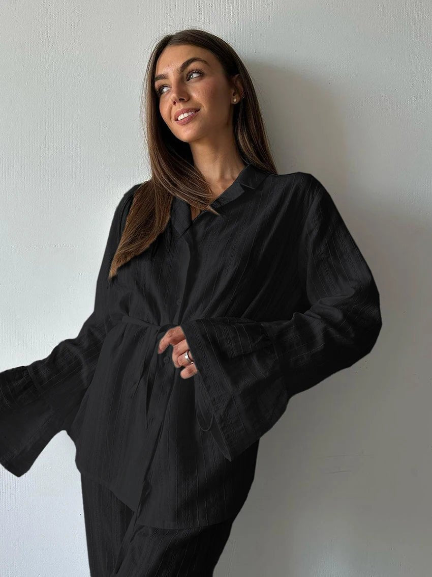 Two - Piece Nightwear Set - Turn - Down Collar And 100% Cotton Long - Sleeve Top - Cozy Casual Homewear - SN Wigs & More
