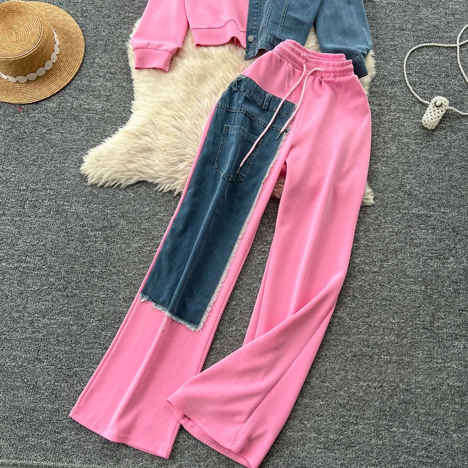 Two Piece Pant Set Hooded Casual Loose Fit Top And Wide Leg Denim Pants For Everyday Style - SN Wigs & More