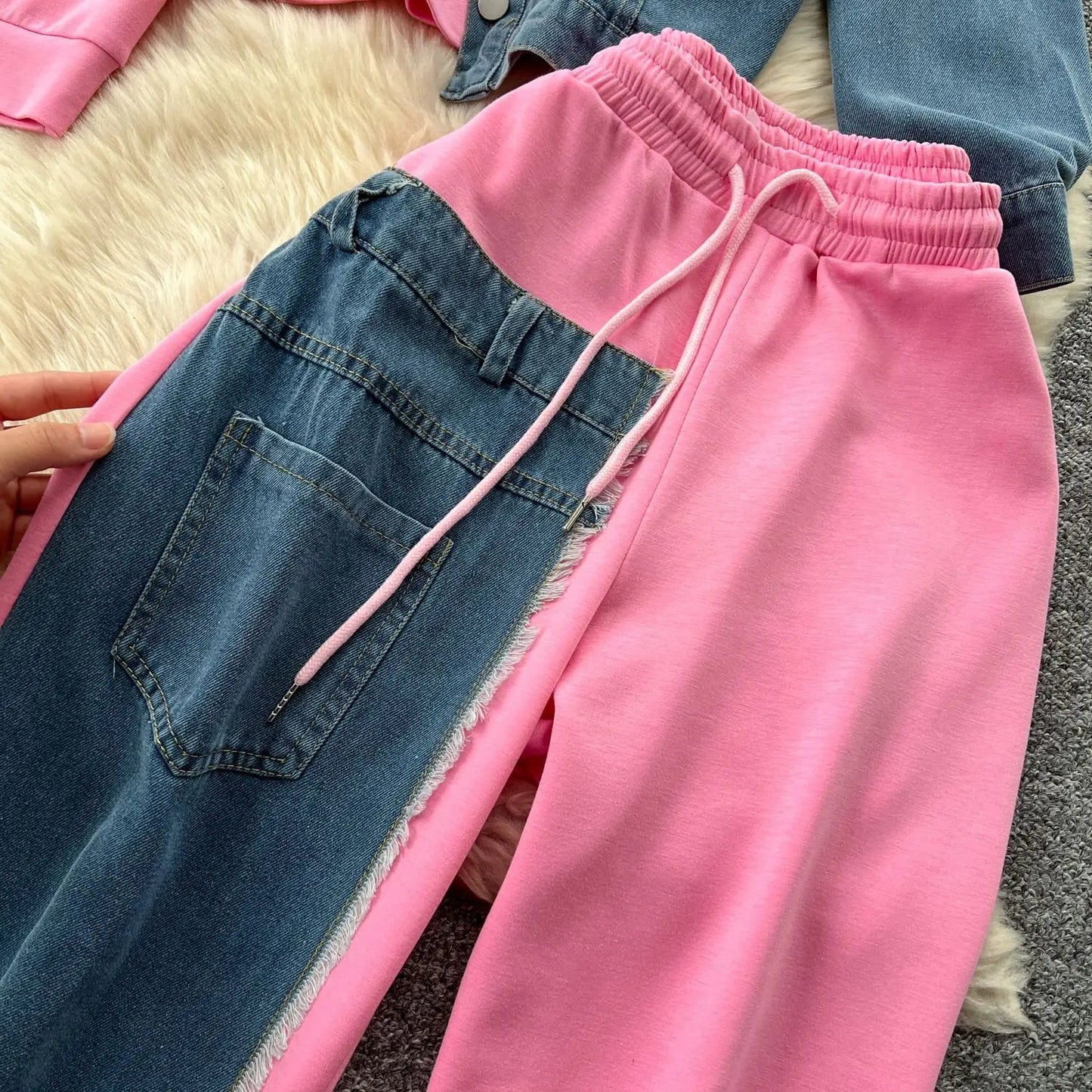 Two Piece Pant Set Hooded Casual Loose Fit Top And Wide Leg Denim Pants For Everyday Style - SN Wigs & More