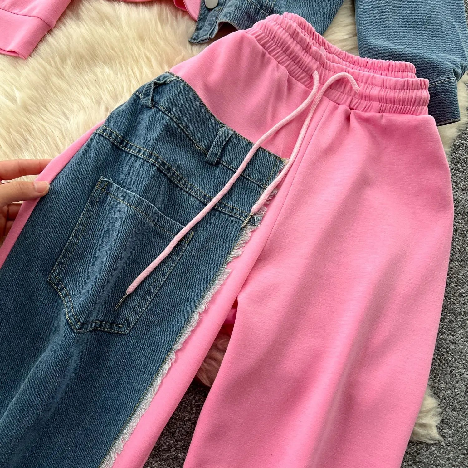 Two Piece Pant Set Hooded Casual Loose Fit Top And Wide Leg Denim Pants For Everyday Style - SN Wigs & More