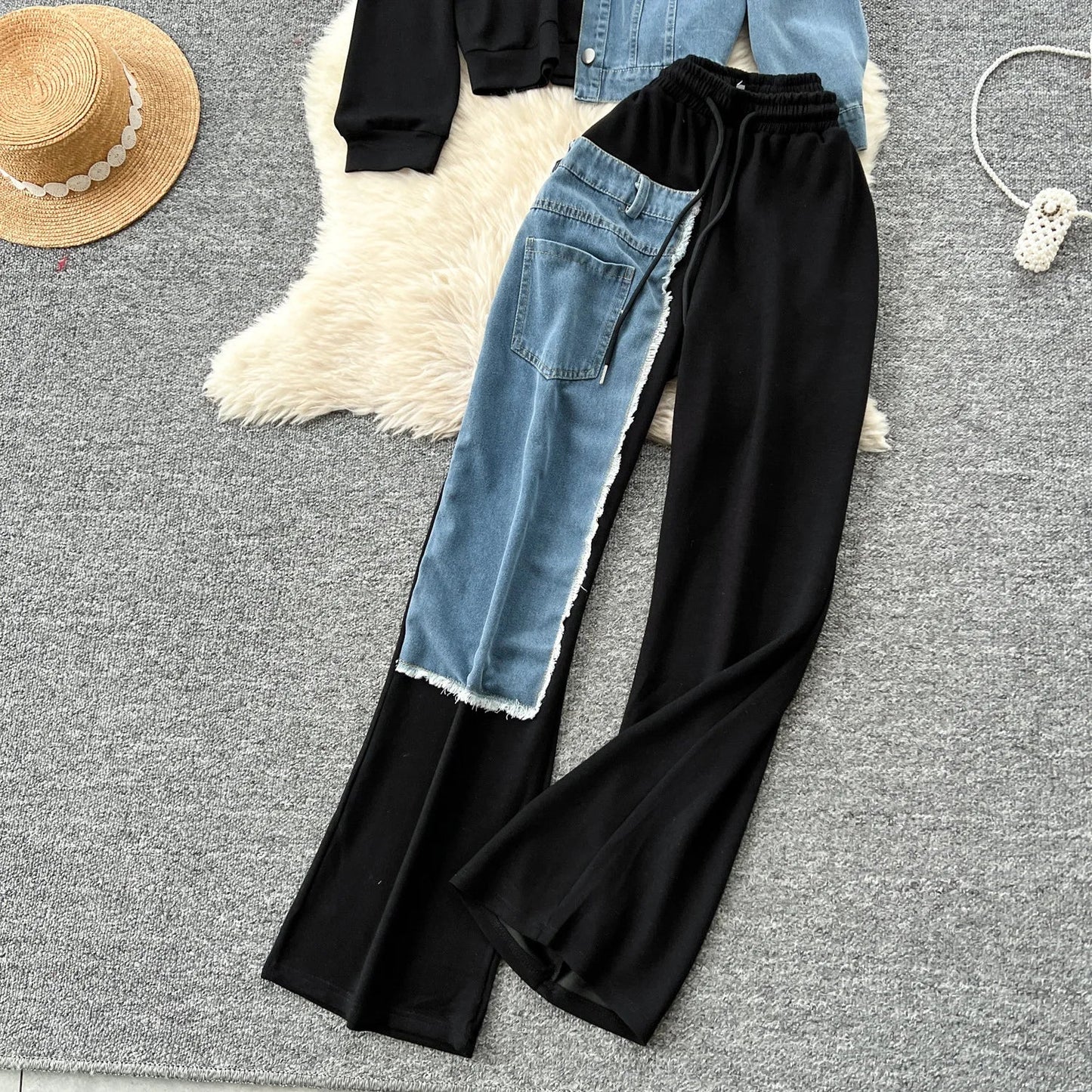 Two Piece Pant Set Hooded Casual Loose Fit Top And Wide Leg Denim Pants For Everyday Style - SN Wigs & More
