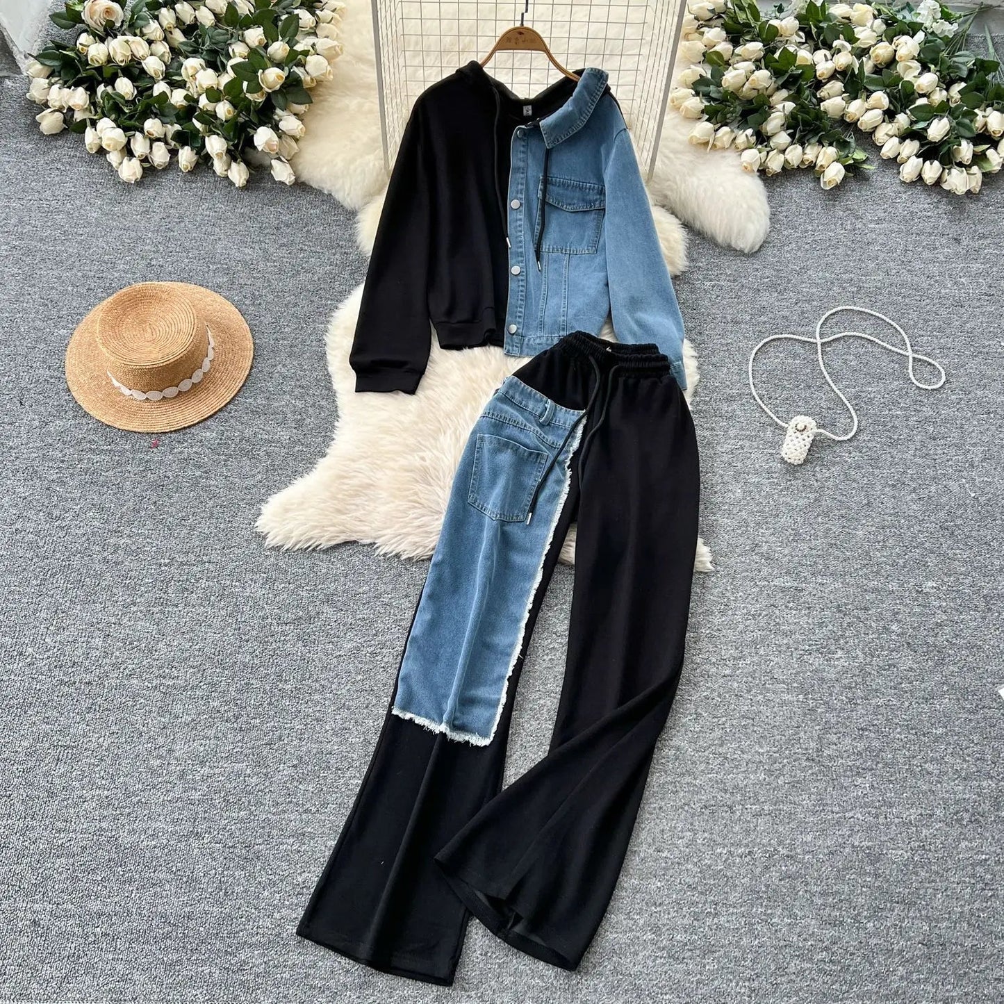 Two Piece Pant Set Hooded Casual Loose Fit Top And Wide Leg Denim Pants For Everyday Style - SN Wigs & More